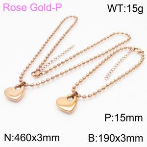 3mm Beads Chain Jewelry Set Stainless Steel Bracelet & Necklace With Heart Charm Rose Gold Color - KS199387-Z