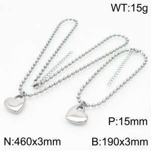 3mm Beads Chain Jewelry Set Stainless Steel Bracelet & Necklace With Heart Charm Silver Color - KS199388-Z