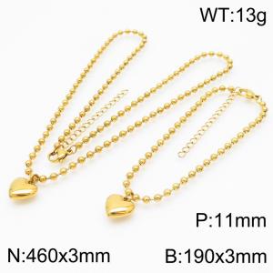 3mm Beads Chain Jewelry Set Stainless Steel Bracelet & Necklace With Heart Charm Gold Color - KS199389-Z