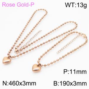 3mm Beads Chain Jewelry Set Stainless Steel Bracelet & Necklace With Heart Charm Rose Gold Color - KS199390-Z
