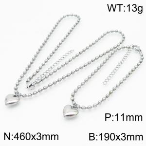 3mm Beads Chain Jewelry Set Stainless Steel Bracelet & Necklace With Heart Charm Silver Color - KS199391-Z