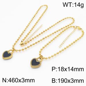 3mm Beads Chain Jewelry Set Stainless Steel Bracelet & Necklace With Heart Charm Gold Color - KS199392-Z
