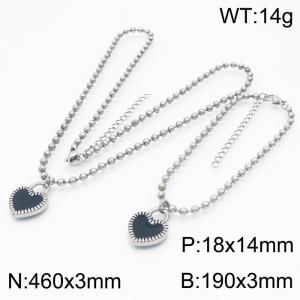 3mm Beads Chain Jewelry Set Stainless Steel Bracelet & Necklace With Heart Charm Silver Color - KS199393-Z