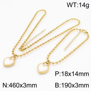 3mm Beads Chain Jewelry Set Stainless Steel Bracelet & Necklace With Heart Charm Gold Color - KS199394-Z