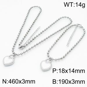 3mm Beads Chain Jewelry Set Stainless Steel Bracelet & Necklace With Heart Charm Silver Color - KS199395-Z
