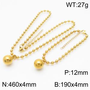 4mm Beads Chain Jewelry Set Stainless Steel Bracelet & Necklace With Round Bead Charm Gold Color - KS199401-Z
