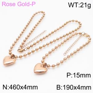 4mm Beads Chain Jewelry Set Stainless Steel Bracelet & Necklace With Heart Charm Rose Gold Color - KS199402-Z
