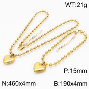 4mm Beads Chain Jewelry Set Stainless Steel Bracelet & Necklace With Heart Charm Gold Color - KS199403-Z