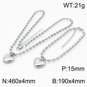 4mm Beads Chain Jewelry Set Stainless Steel Bracelet & Necklace With Heart Charm Silver Color - KS199404-Z