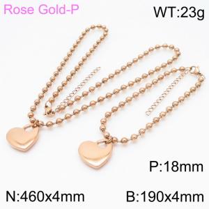 4mm Beads Chain Jewelry Set Stainless Steel Bracelet & Necklace With Heart Charm Rose Gold Color - KS199405-Z