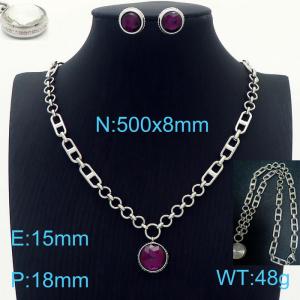 Stainless steel 500x8mm mixed combined chain purple glass stone charm fashional lobster clasp trendy crystal silver earring sets - KS199442-Z