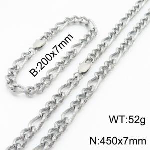 7mm45cm&7mm20cm fashionable stainless steel 3:1 patterned side chain steel color bracelet necklace two-piece set - KS199595-Z