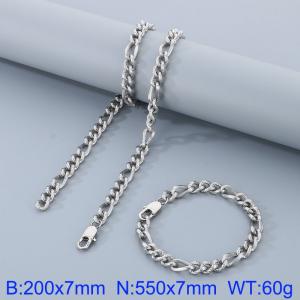 7mm55cm&7mm20cm fashionable stainless steel 3:1 patterned side chain steel color bracelet necklace two-piece set - KS199597-Z