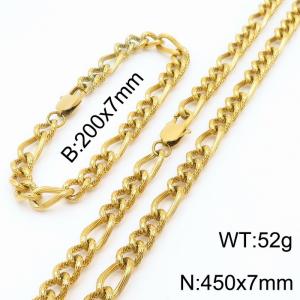 7mm45cm&7mm20cm fashionable stainless steel 3:1 patterned side chain gold bracelet necklace two-piece set - KS199602-Z