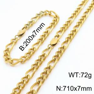 7mm71cm&7mm20cm fashionable stainless steel 3:1 patterned side chain gold bracelet necklace two-piece set - KS199607-Z