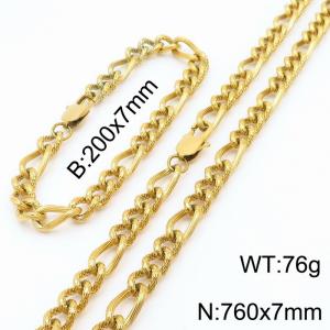 7mm76cm&7mm20cm fashionable stainless steel 3:1 patterned side chain gold bracelet necklace two-piece set - KS199608-Z