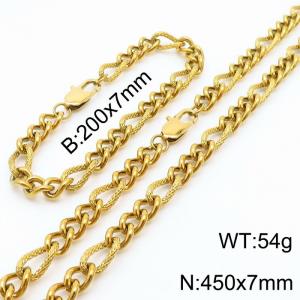 7mm45cm&7mm20cm fashionable stainless steel 3:1 patterned side chain gold bracelet necklace two-piece set - KS199728-Z