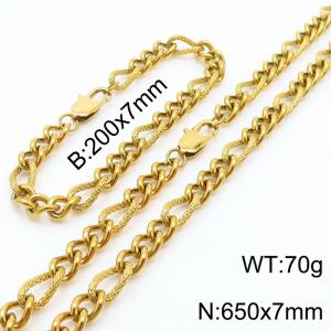 7mm65cm&7mm20cm fashionable stainless steel 3:1 patterned side chain gold bracelet necklace two-piece set - KS199732-Z