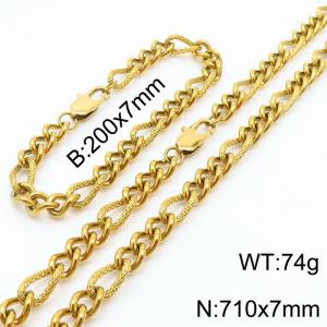7mm71cm&7mm20cm fashionable stainless steel 3:1 patterned side chain gold bracelet necklace two-piece set - KS199733-Z