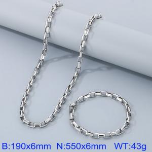 Silver Color Easy Hook Stainless Steel Box Chain Bracelet Necklace Jewelry Set - KS199912-Z