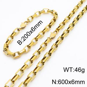 Gold Color Easy Hook Stainless Steel Box Chain Bracelet Necklace Jewelry Set - KS199920-Z