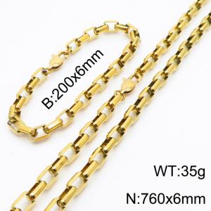 Gold Color Easy Hook Stainless Steel Box Chain Bracelet Necklace Jewelry Set - KS199923-Z