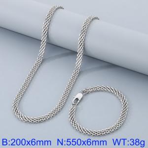 Silver Color Stainless Steel Wover Mesh Chain  550×6mm Necklaces 200×6mm Bracelets Jewelry SetsFor Women Men - KS199933-Z