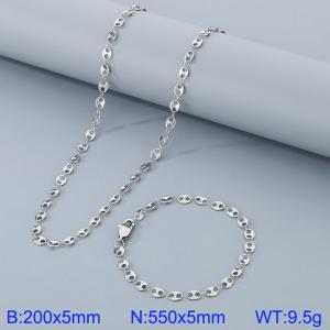 Silver Color Stainless Steel Wafer Chain 550×5mm Necklaces 200×5mm Bracelets Jewelry Sets For Women Men - KS199975-Z