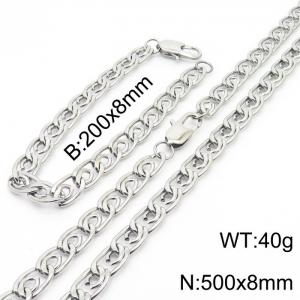 8mm50cm&8mm20cm Fashion Stainless Steel Paper Clip Chain Steel Color Bracelet Necklace Two Piece Set - KS200023-Z