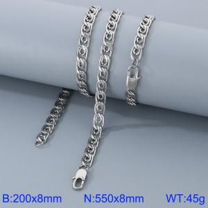 8mm55cm&8mm20cm Fashion Stainless Steel Paper Clip Chain Steel Color Bracelet Necklace Two Piece Set - KS200024-Z