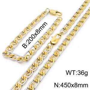 8mm45cm&8mm20cm fashionable stainless steel edge pressing paper clip chain mixed color bracelet necklace two-piece set - KS200029-Z