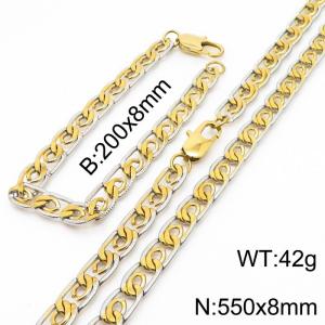 8mm55cm&8mm20cm fashionable stainless steel edge pressing paper clip chain mixed color bracelet necklace two-piece set - KS200031-Z