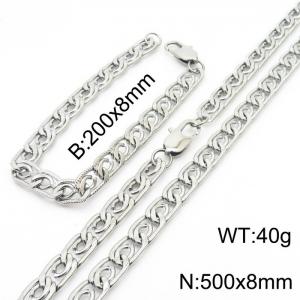 8mm50cm&8mm20cm Fashion Stainless Steel Edge Pressing Paper Clip Chain Steel Color Bracelet Necklace Two Piece Set - KS200037-Z