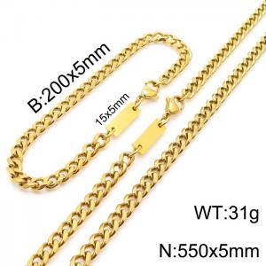 5mm Cuban Chain Necklace & Bracelet Jewelry Set Stainless Steel Gold Color - KS200339-Z