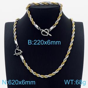 6mm Rope Chain Necklace & Bracelet Jewelry Set With Heart Charm Mix Color - KS200340-Z