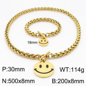 8mm Wheat Chain Necklace & Bracelet Jewelry Set With Smile Charm Gold Color - KS200341-Z