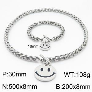 8mm Wheat Chain Necklace & Bracelet Jewelry Set With Smile Charm Silver Color - KS200342-Z