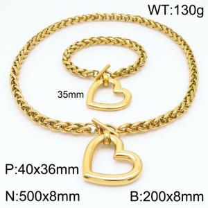 8mm Wheat Chain Necklace & Bracelet Jewelry Set With Heart Charm Gold Color - KS200343-Z