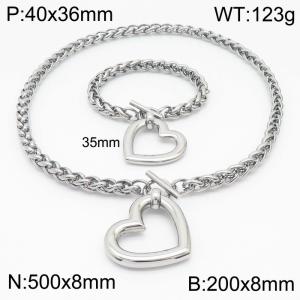 8mm Wheat Chain Necklace & Bracelet Jewelry Set With Heart Charm Silver Color - KS200344-Z