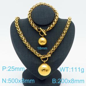 8mm Wheat  Chain Necklace & Bracelet Jewelry Set With Round Bead Gold Color - KS200345-Z