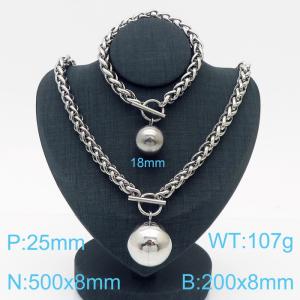 8mm Wheat  Chain Necklace & Bracelet Jewelry Set With Round Bead Silver Color - KS200346-Z