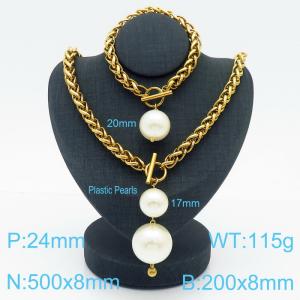 8mm Wheat  Chain Necklace & Bracelet Jewelry Set With Clear Plastic Pearls Gold Color - KS200347-Z