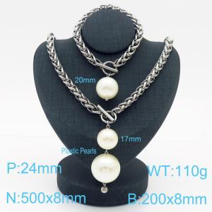 8mm Wheat  Chain Necklace & Bracelet Jewelry Set With Clear Plastic Pearls Silver Color - KS200348-Z