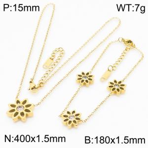 Gold Color Jewelry Sets Stainless Steel Sun Flower Rhinestone Pendant Link Chain Bracelets Necklace For Women Jewelry - KS200364-LX