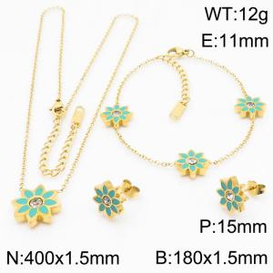 Gold Color Stainless Steel Jewelry Sets Green Color Sun Flower Rhinestone Pendant Link Chain Bracelets Necklace Stud Earrings For Women Jewelry - KS200367-LX