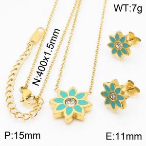 Gold Color Stainless Steel Jewelry Sets Green Color Sun Flower Rhinestone Pendant Link Chain Necklace Stud Earrings For Women Jewelry - KS200369-LX