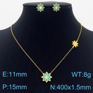 Gold Color Stainless Steel Jewelry Sets Green Color Sun Flower Rhinestone Pendant Link Chain Necklace Stud Earrings For Women Jewelry - KS200370-LX