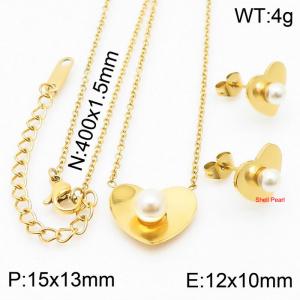 2 pcs Gold Color Love Heart Jewelry Sets Stainless Steel Link Chain Shell Imitation Pearl Pendant Necklace Stud Eaarings For Women - KS200371-KLX