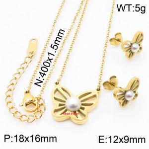2 pcs Gold Color Butterfly Jewelry Sets Stainless Steel Link Chain Shell Imitation Pearl Pendant Necklace Stud Eaarings For Women - KS200373-KLX