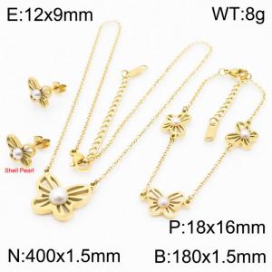 3pcs Gold Color Butterfly Jewelry Sets Stainless Steel Link Chain Shell Imitation Pearl Pendant Necklace Stud Eaarings Bracelets For Women - KS200374-KLX